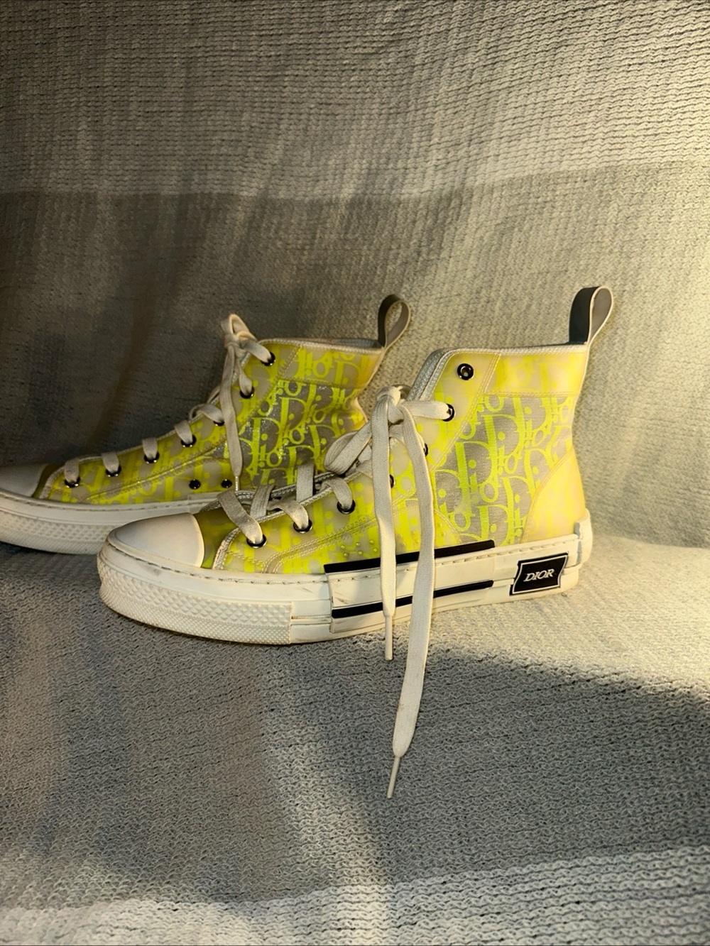 Dior High-Top Sneakers in Yellow and White Monogram